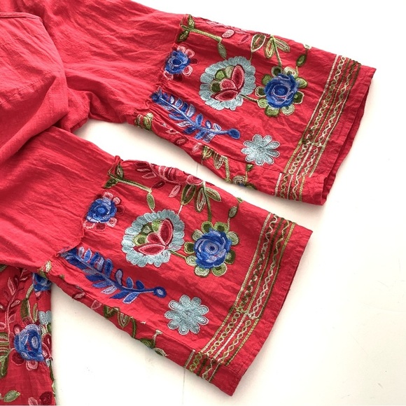 CALESSA Red Cotton Tunic Top Plus Size 1X Boho Embroidered Floral  V-neck Summer - Picture 7 of 14